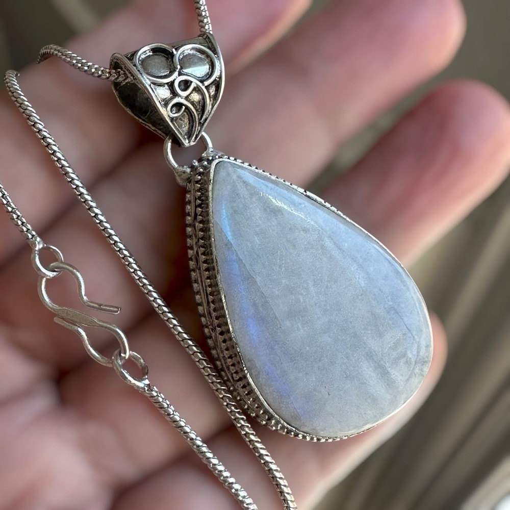 Artisan Pendant Necklace 19 Inch Teardrop Moonstone Ornate 925 Sterling 19.6g